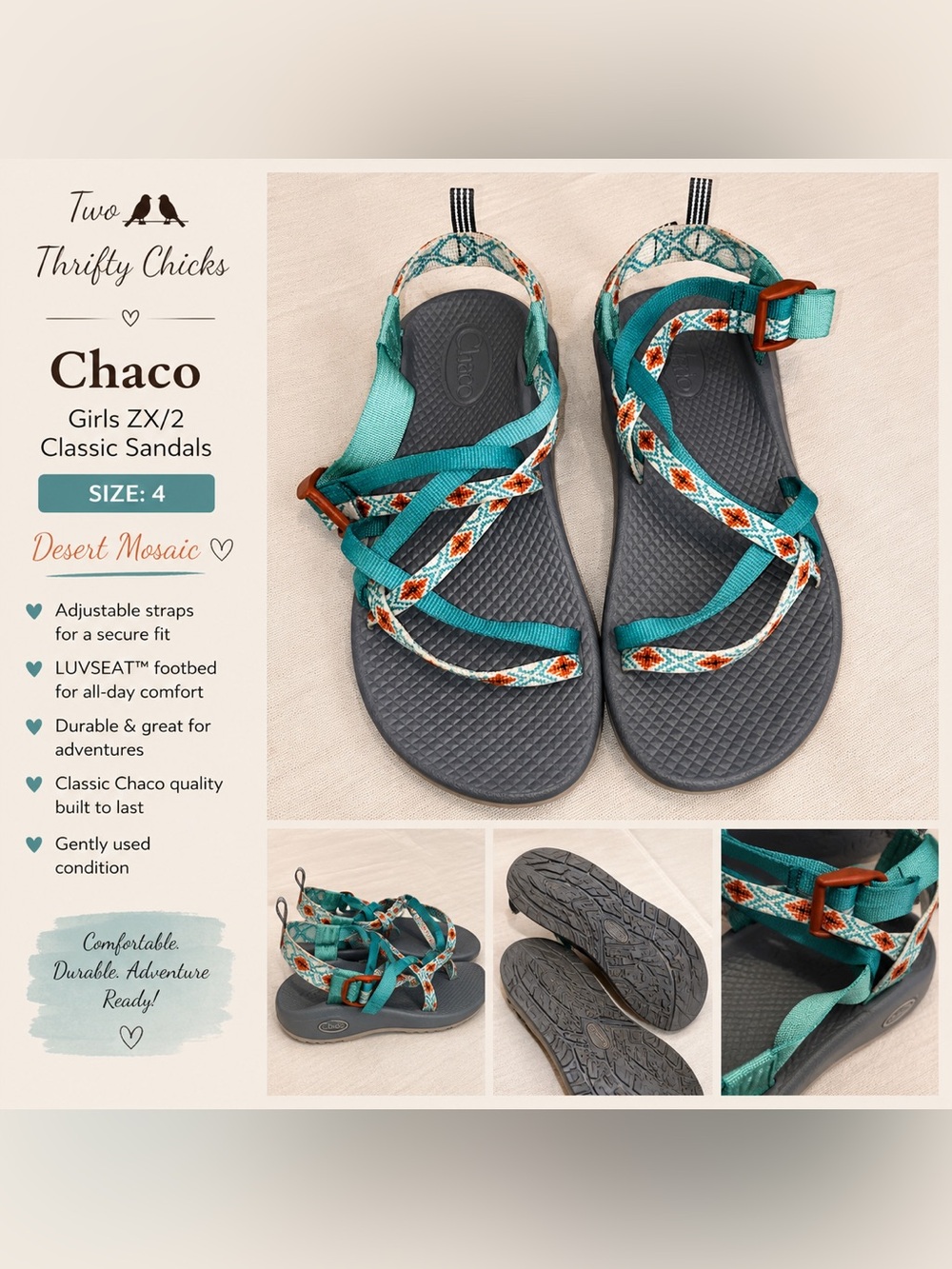 Chaco Girls ZX/2 Classic Sandals - Teal Desert Mosaic - Size 4 - GUC